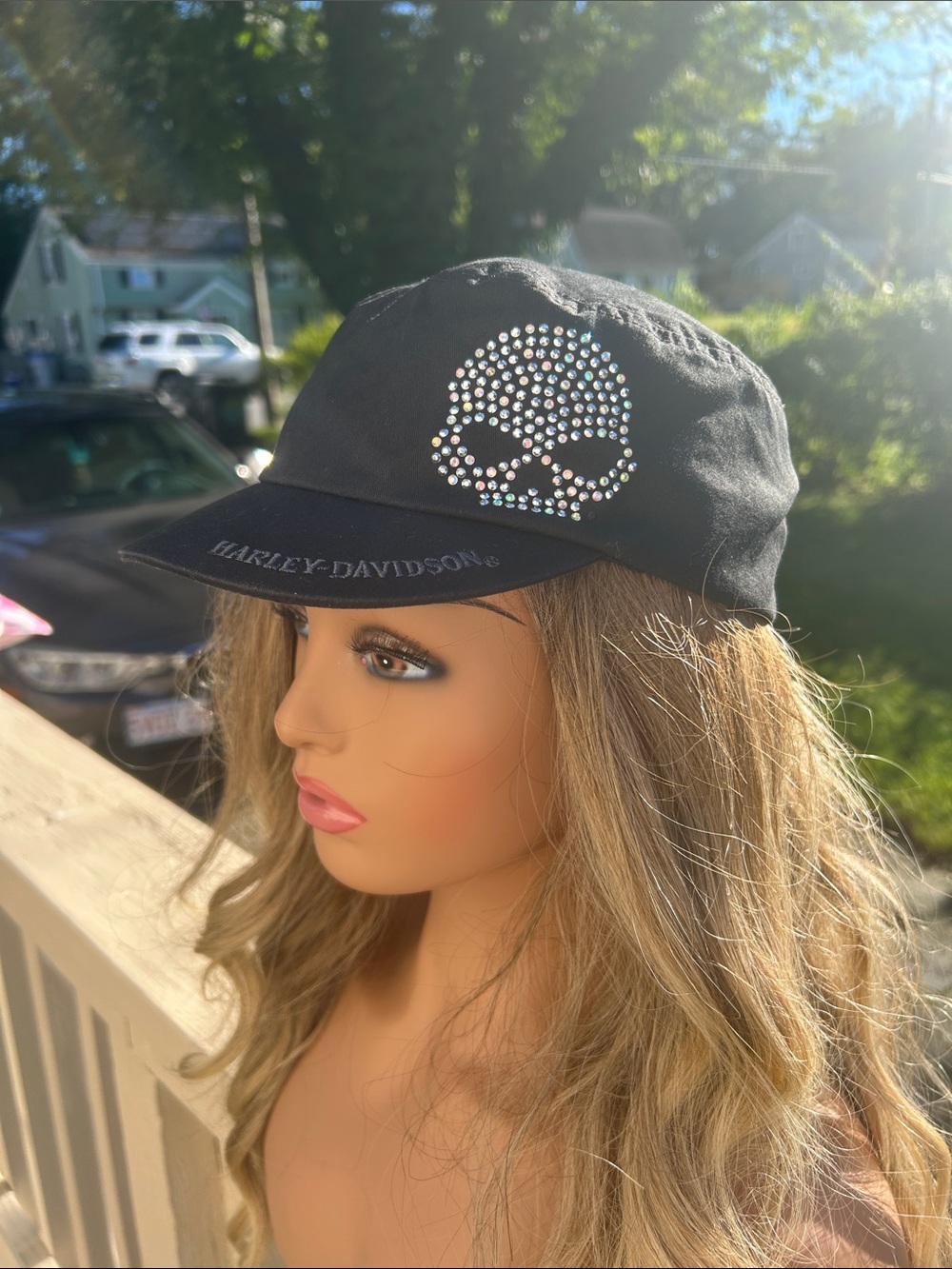 Y2K Harley Davidson Black Rhinestone Skull Cap